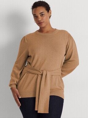 Lauren Ralph Lauren Belted Cotton Modal Puff Sleeve Sweater Tan Plus Size 2X LRL
